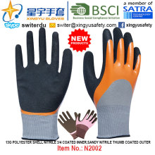 13G Polyester Shell Nitril 3/4 beschichtete innere, sandige Nitril-Daumen beschichtete Außenhandschuhe (N2002) mit CE, En388, En420, Arbeitshandschuhe